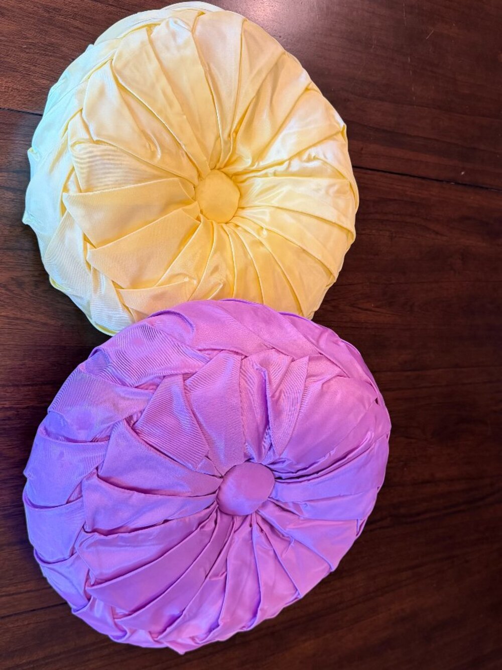 Retro Handmade Yellow & Purple Pleated Pin Tuck Ruched Round Pillow 13"